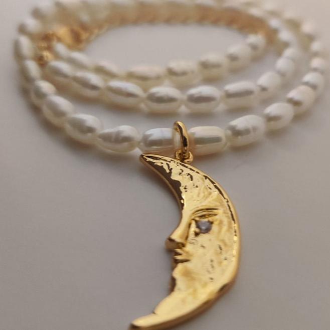 Genuine Pearl Necklace with Crescent Moon Pendant