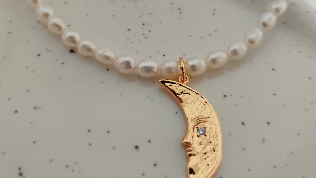 Genuine Pearl Necklace with Crescent Moon Pendant