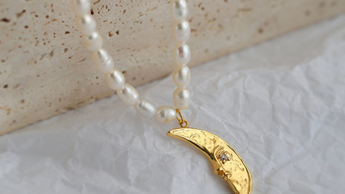 Genuine Pearl Necklace with Crescent Moon Pendant