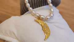 Genuine Pearl Necklace with Crescent Moon Pendant