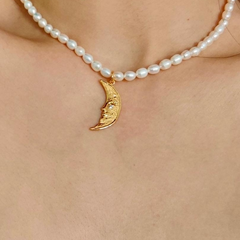 Genuine Pearl Necklace with Crescent Moon Pendant