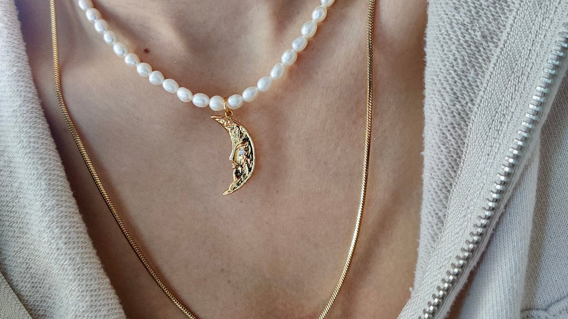 Genuine Pearl Necklace with Crescent Moon Pendant