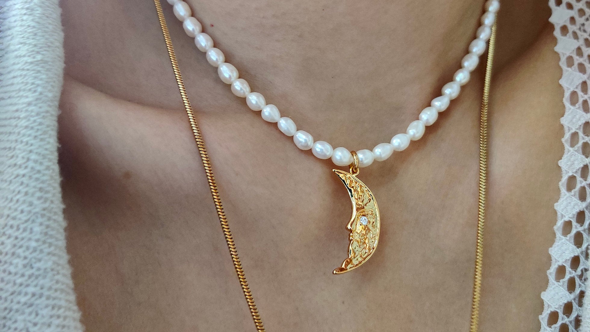 Genuine Pearl Necklace with Crescent Moon Pendant