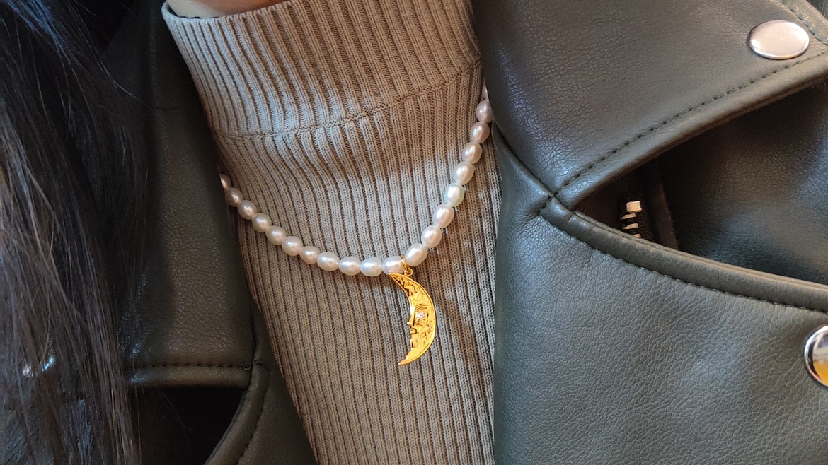 Genuine Pearl Necklace with Crescent Moon Pendant