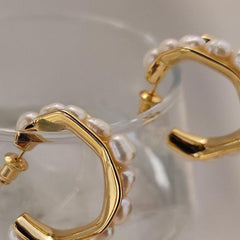 Irregular Gold Hoop Pearl Earrings