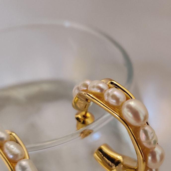 Irregular Gold Hoop Pearl Earrings