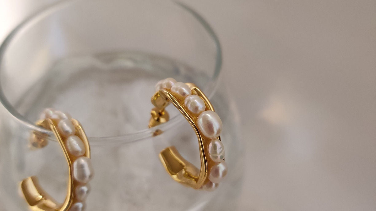 Irregular Gold Hoop Pearl Earrings