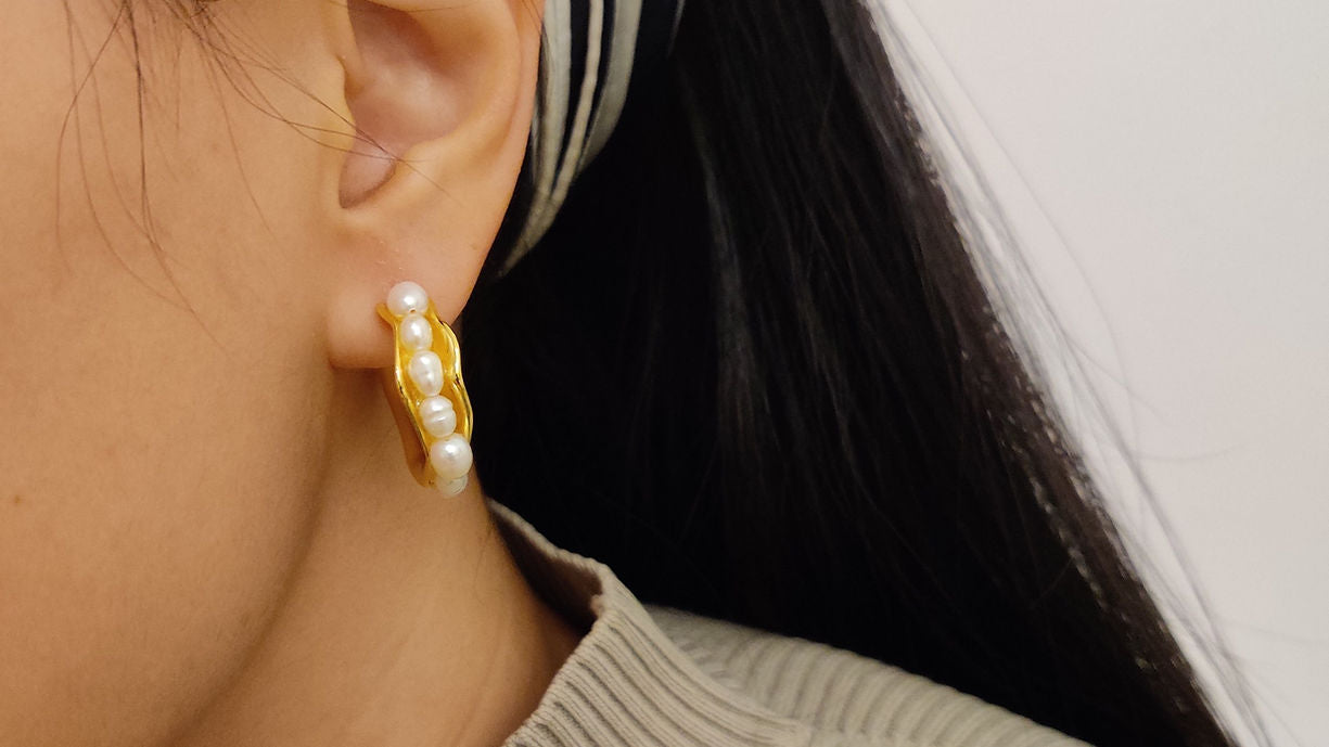 Irregular Gold Hoop Pearl Earrings