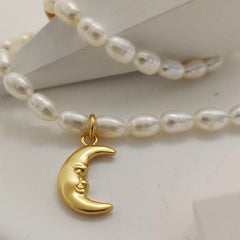 Tiny Matte Gold Crescent Moon Pearl Necklace