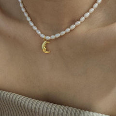 Tiny Matte Gold Crescent Moon Pearl Necklace