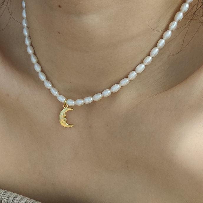 Tiny Matte Gold Crescent Moon Pearl Necklace