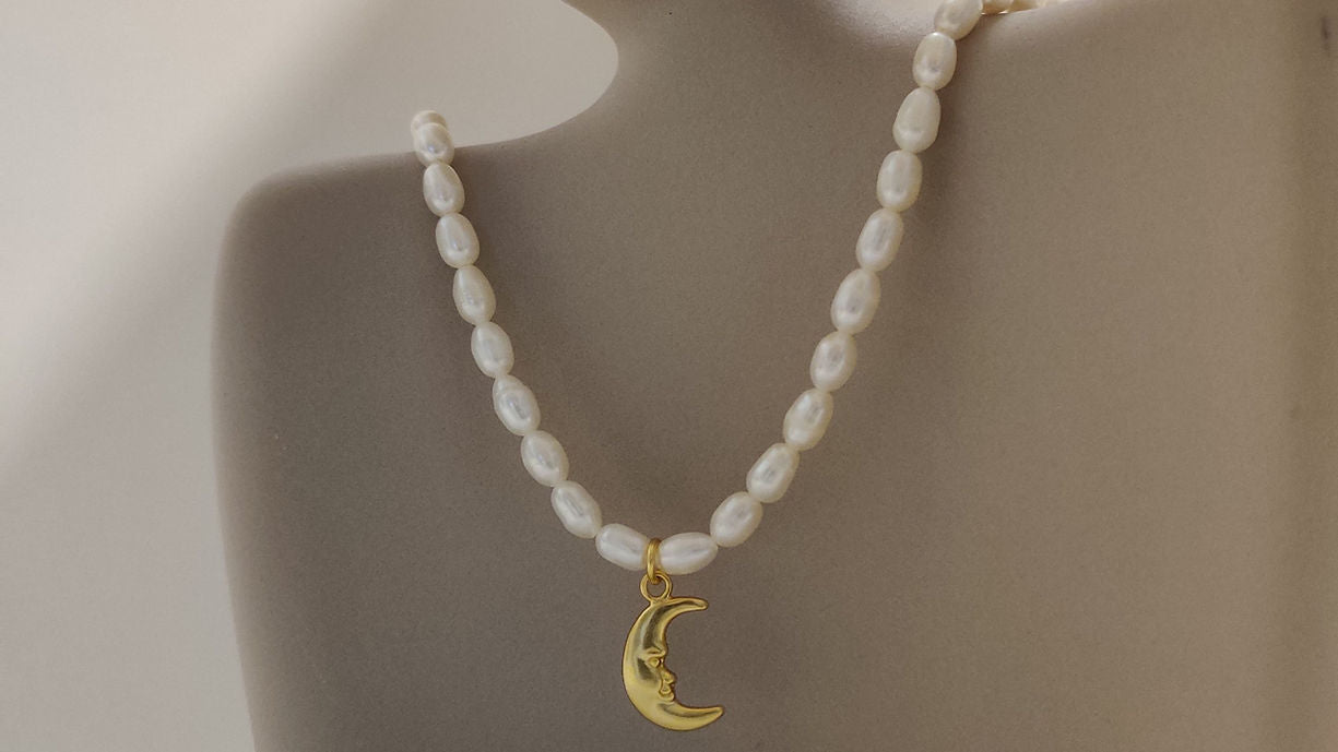 Tiny Matte Gold Crescent Moon Pearl Necklace