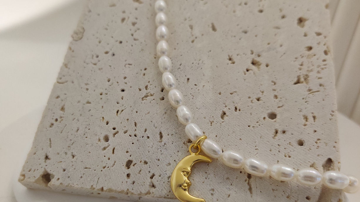 Tiny Matte Gold Crescent Moon Pearl Necklace