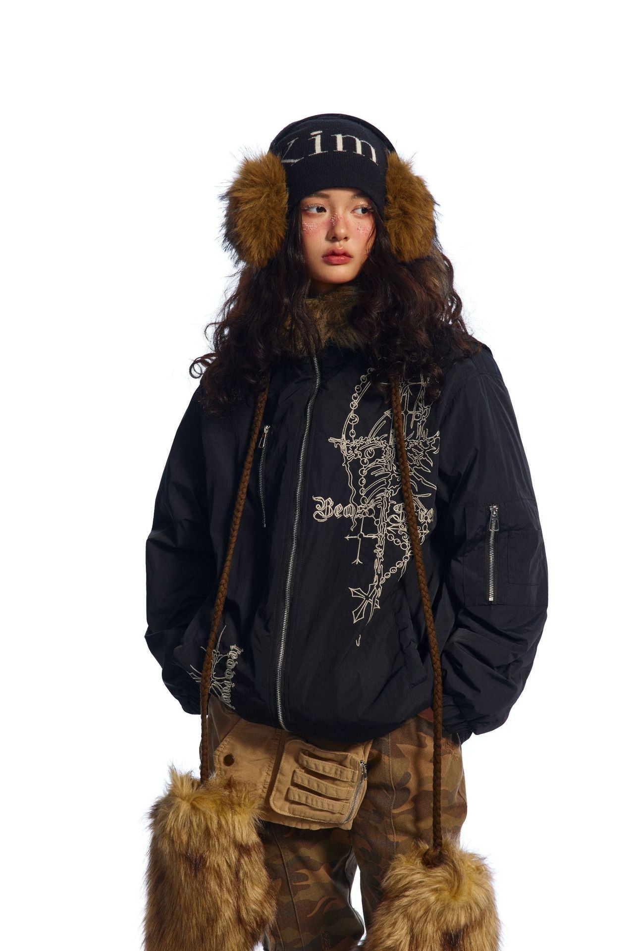 TODAMU® Women's American retro loose embroidered hooded fur collar cotton jacket