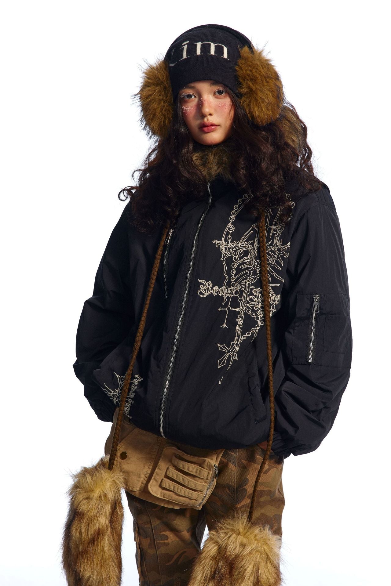 TODAMU® Women's American retro loose embroidered hooded fur collar cotton jacket