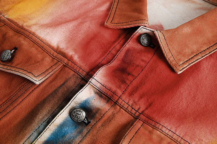 TODAMU® Women's American Retro Rainbow Vintage Reworked Denim Jacket