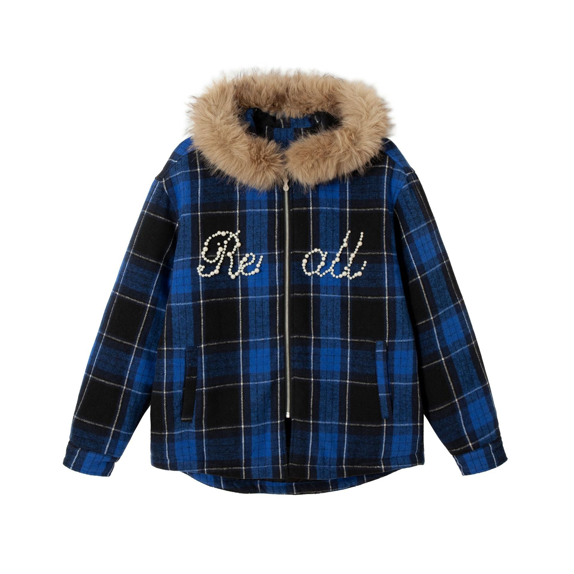 TODAMU® Women's American retro loose plaid hooded fur collar cotton coat