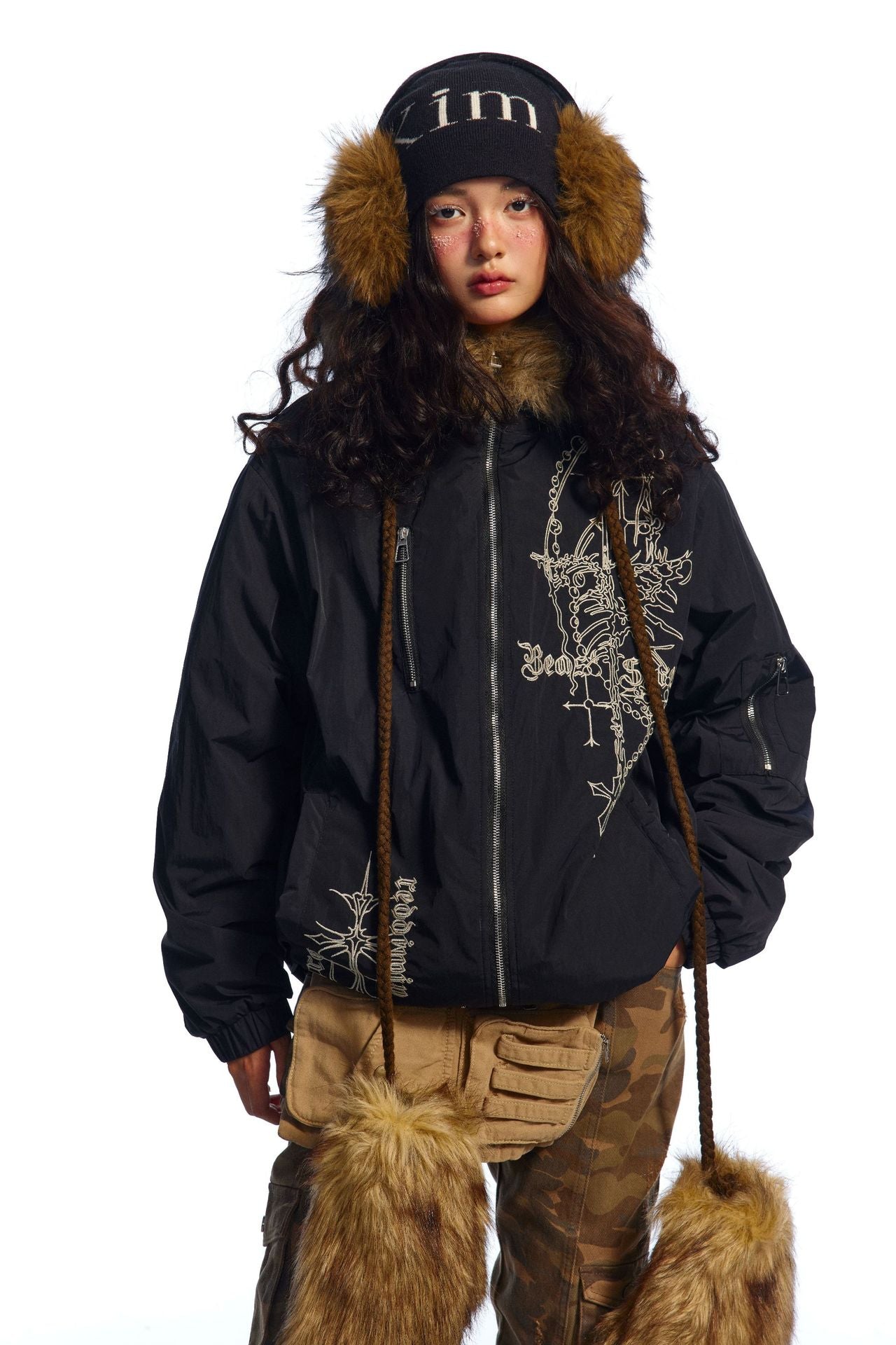 TODAMU® Women's American retro loose embroidered hooded fur collar cotton jacket