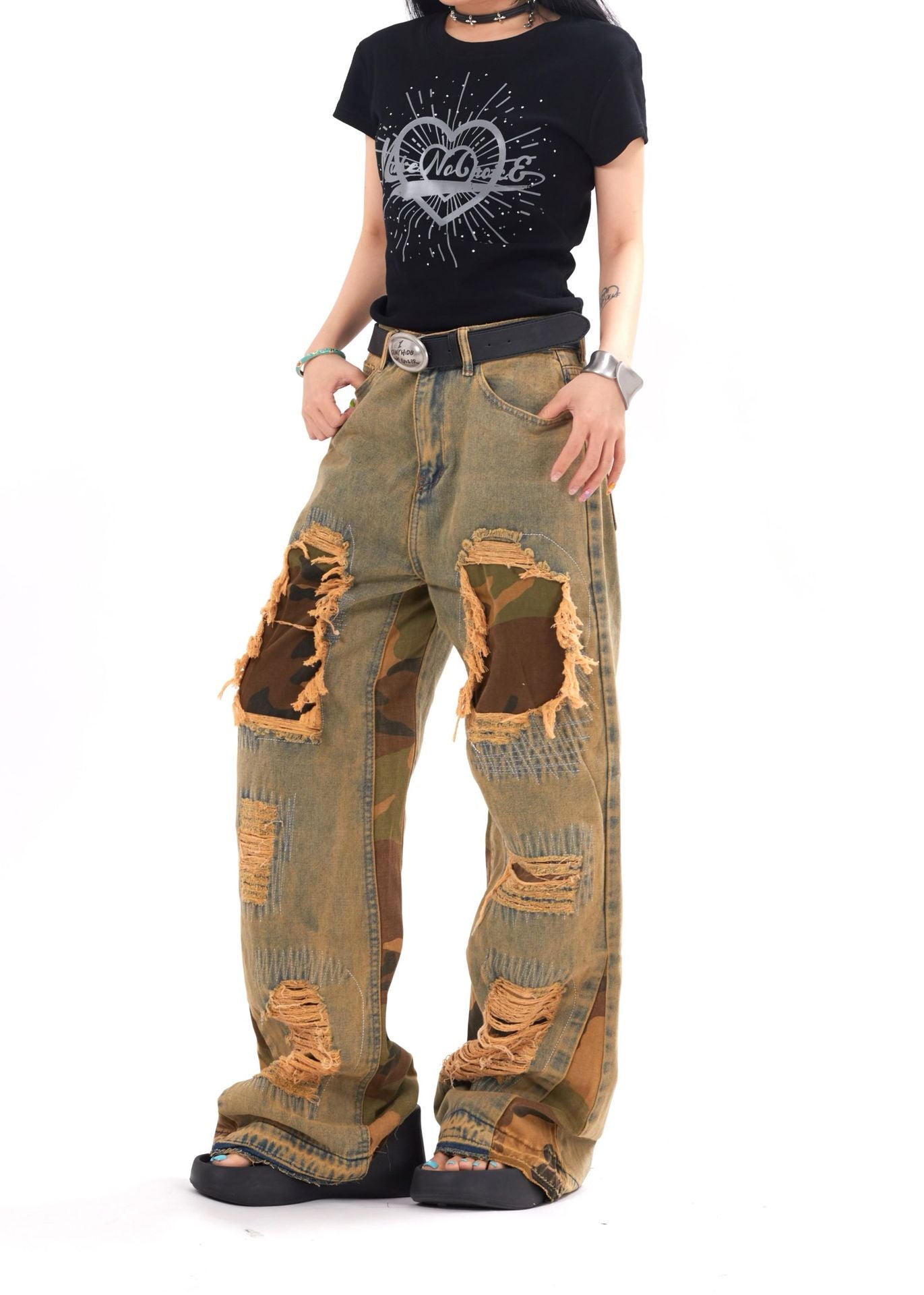 TODAMU® new products American retro street fashion ripped washed denim trousers