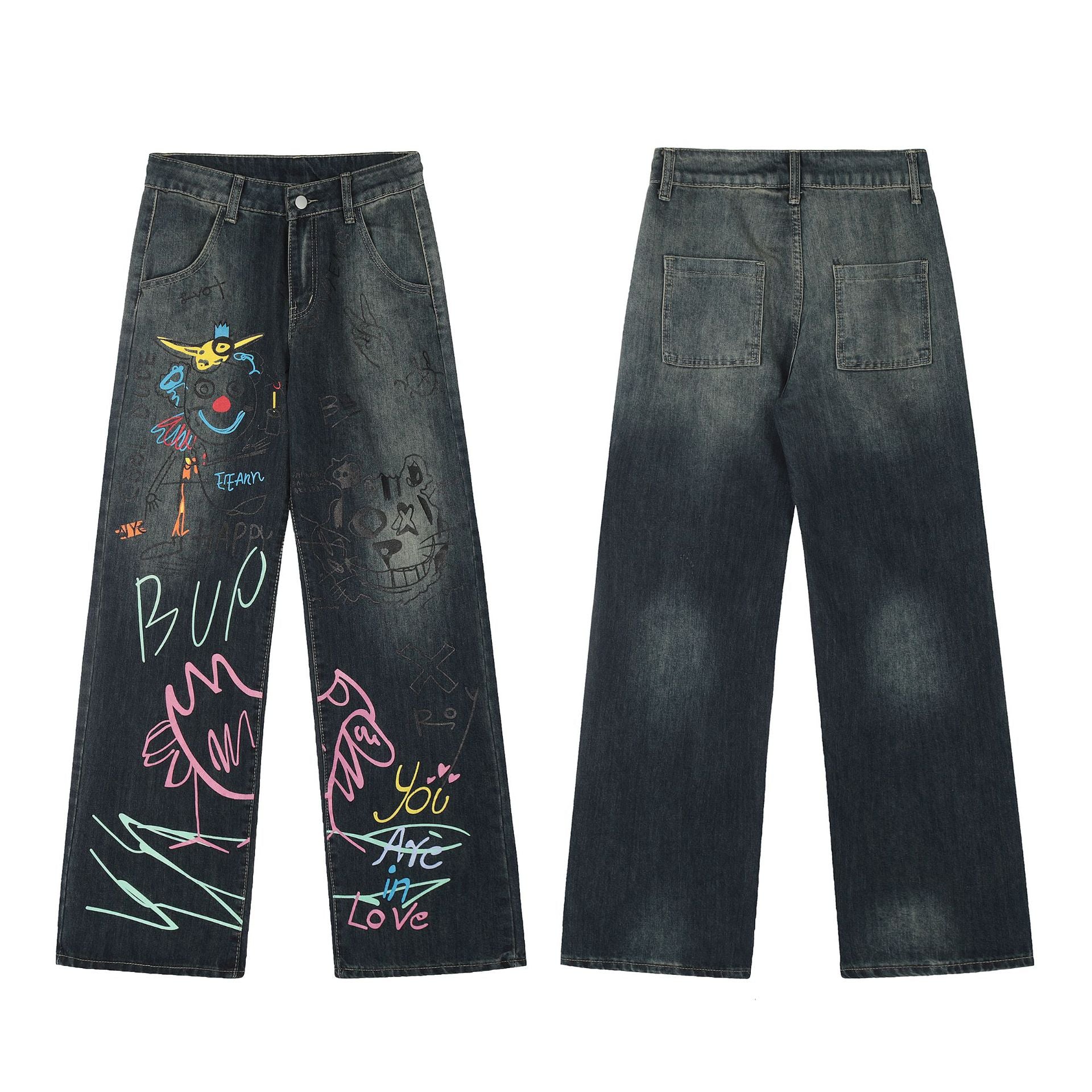 TODAMU® women's American retro graffiti design washed denim trousers