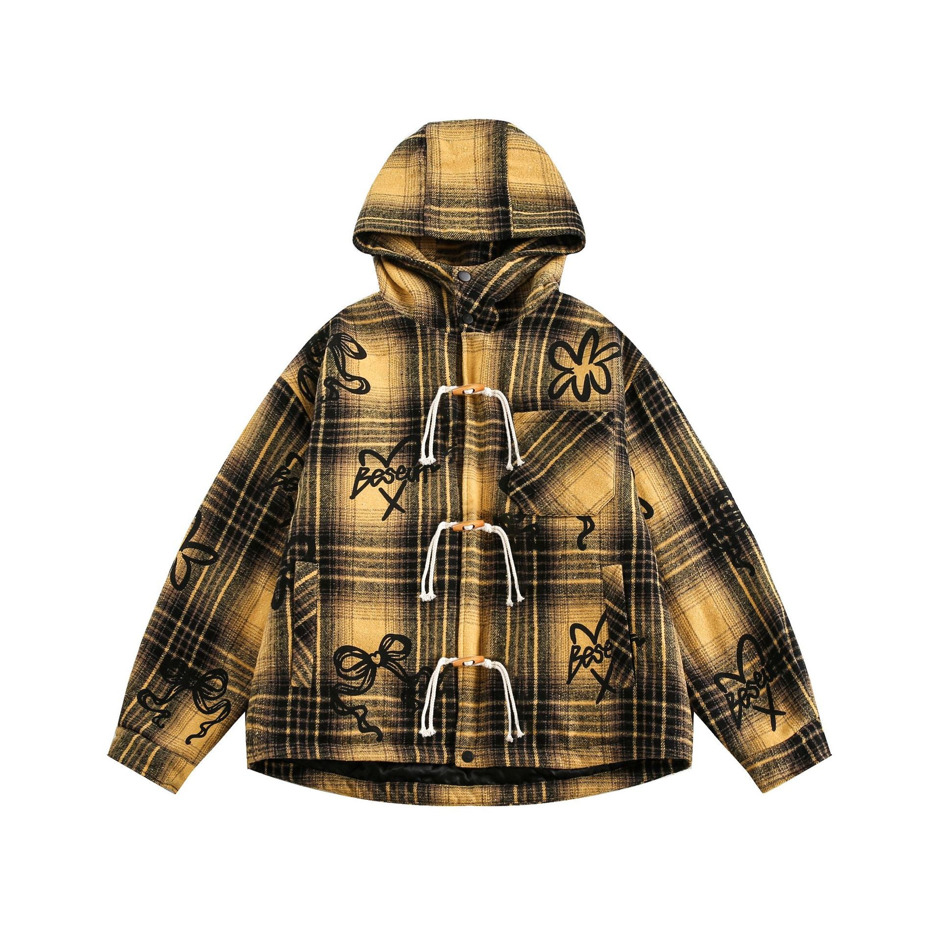 TODAMU® Women's American retro loose graffiti plaid hooded cotton jacket