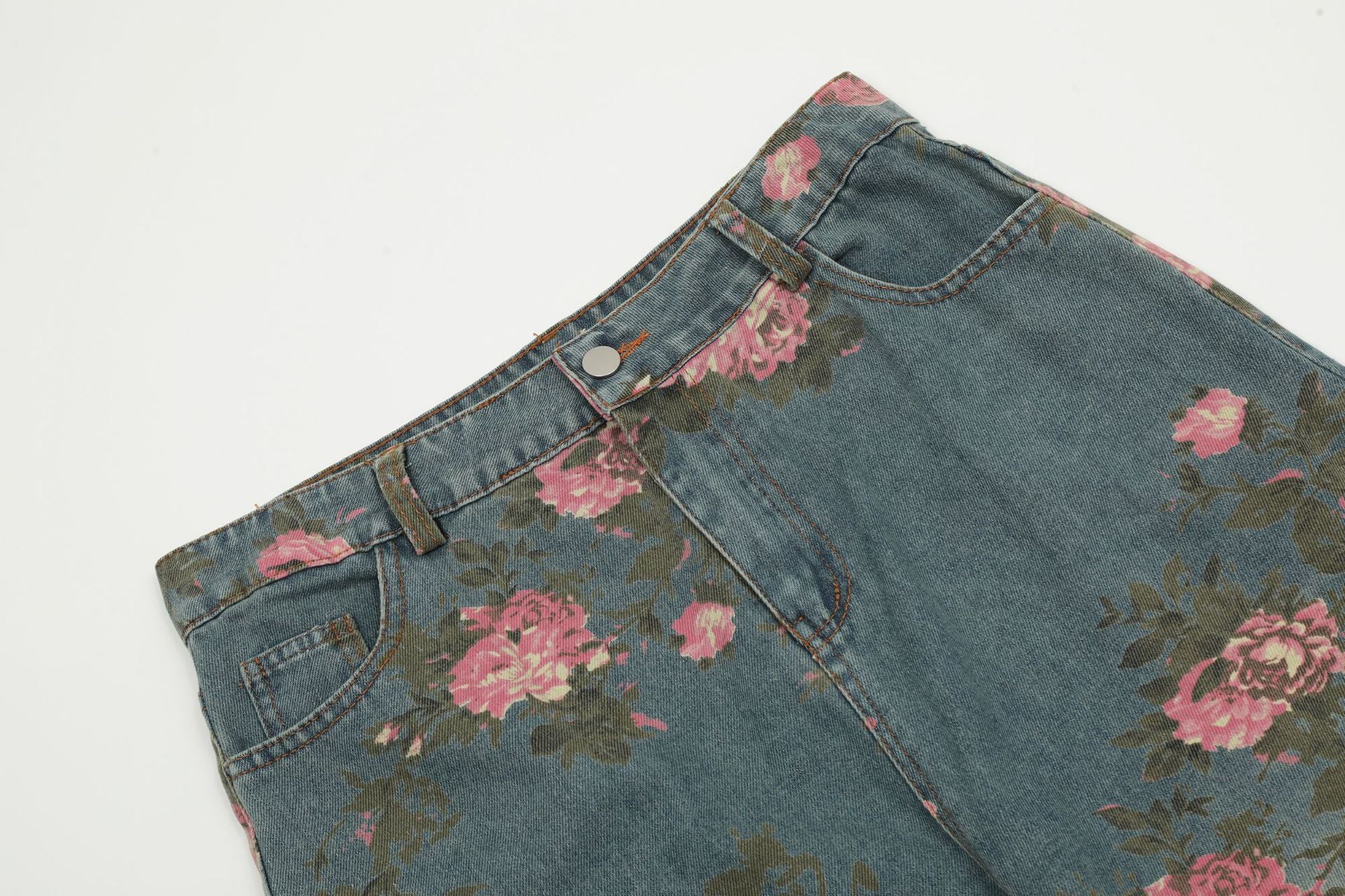 TODAMU® American Retro Hot Girl Flower Print Washed Denim Trousers