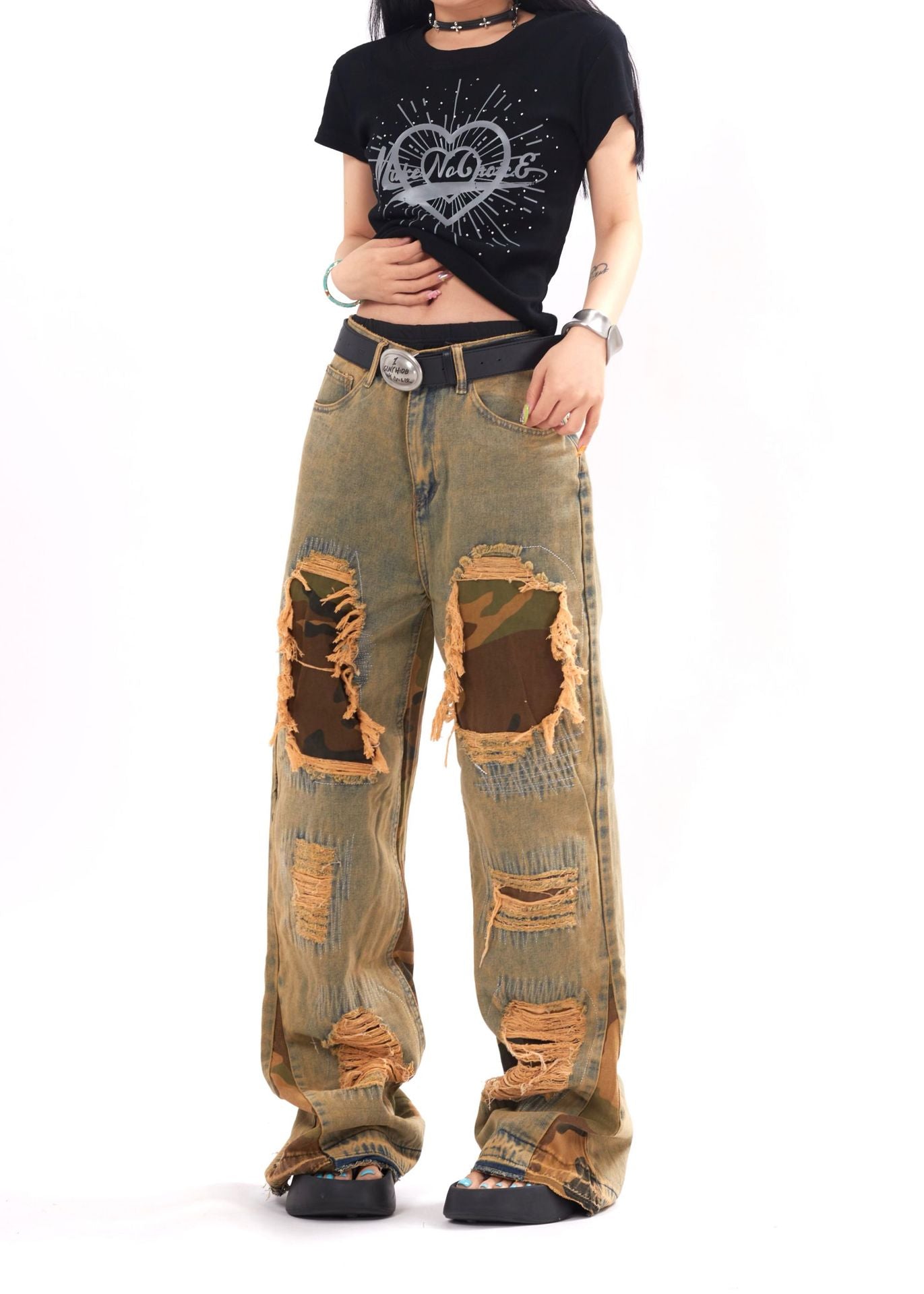 TODAMU® new products American retro street fashion ripped washed denim trousers