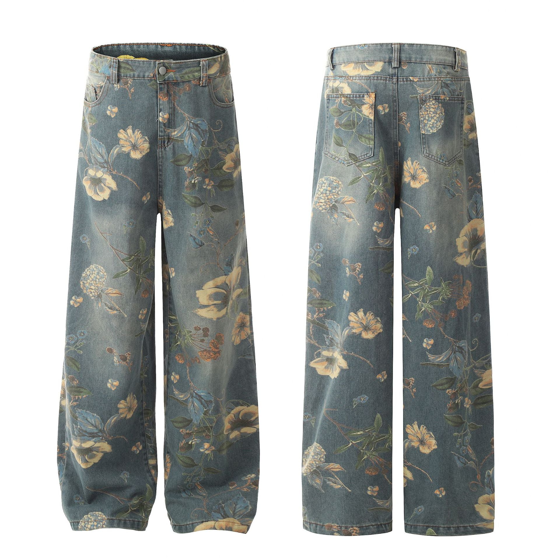 TODAMU® American Retro Hot Girl Washed Distressed Floral Denim Pants