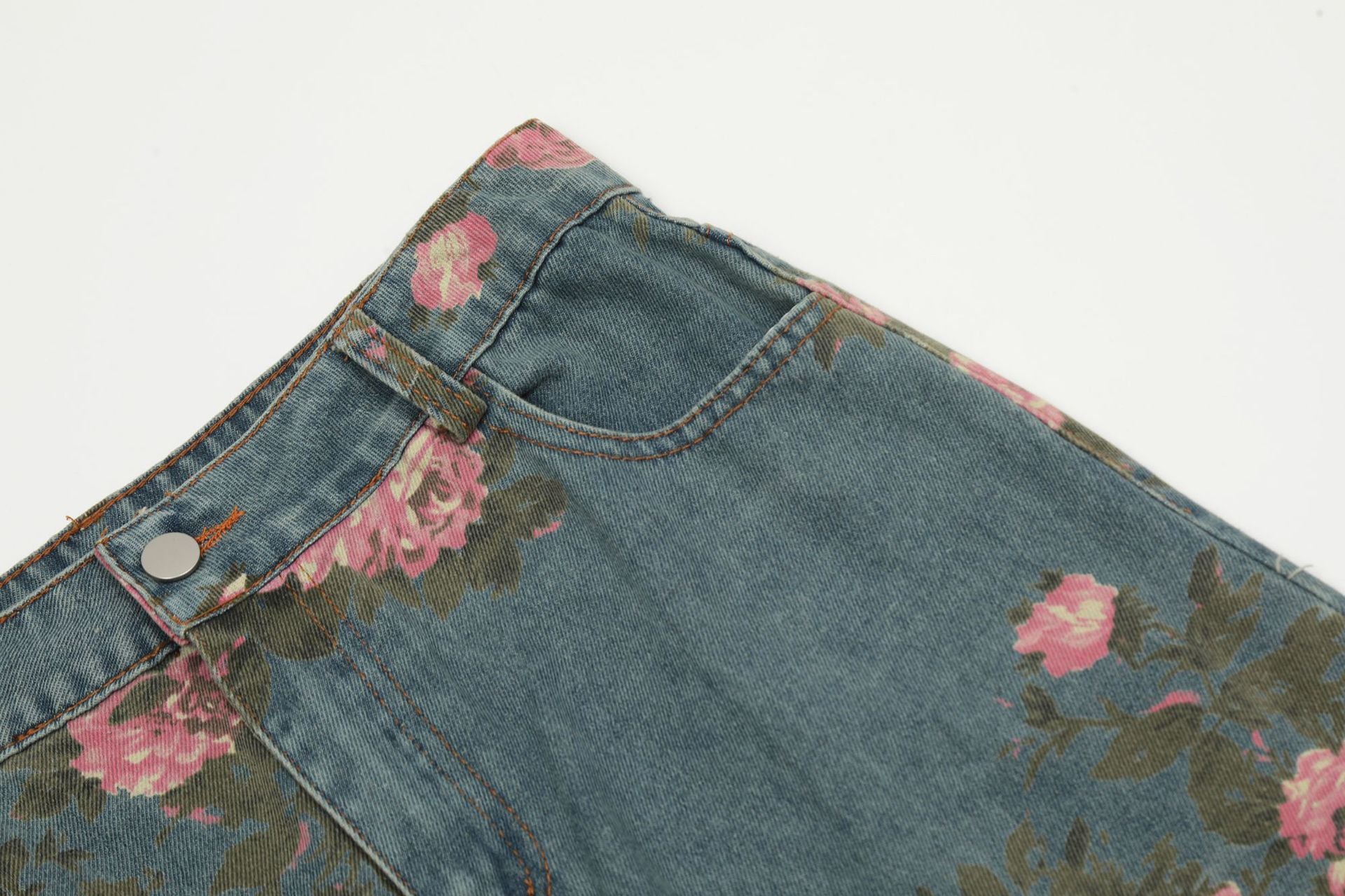 TODAMU® American Retro Hot Girl Flower Print Washed Denim Trousers