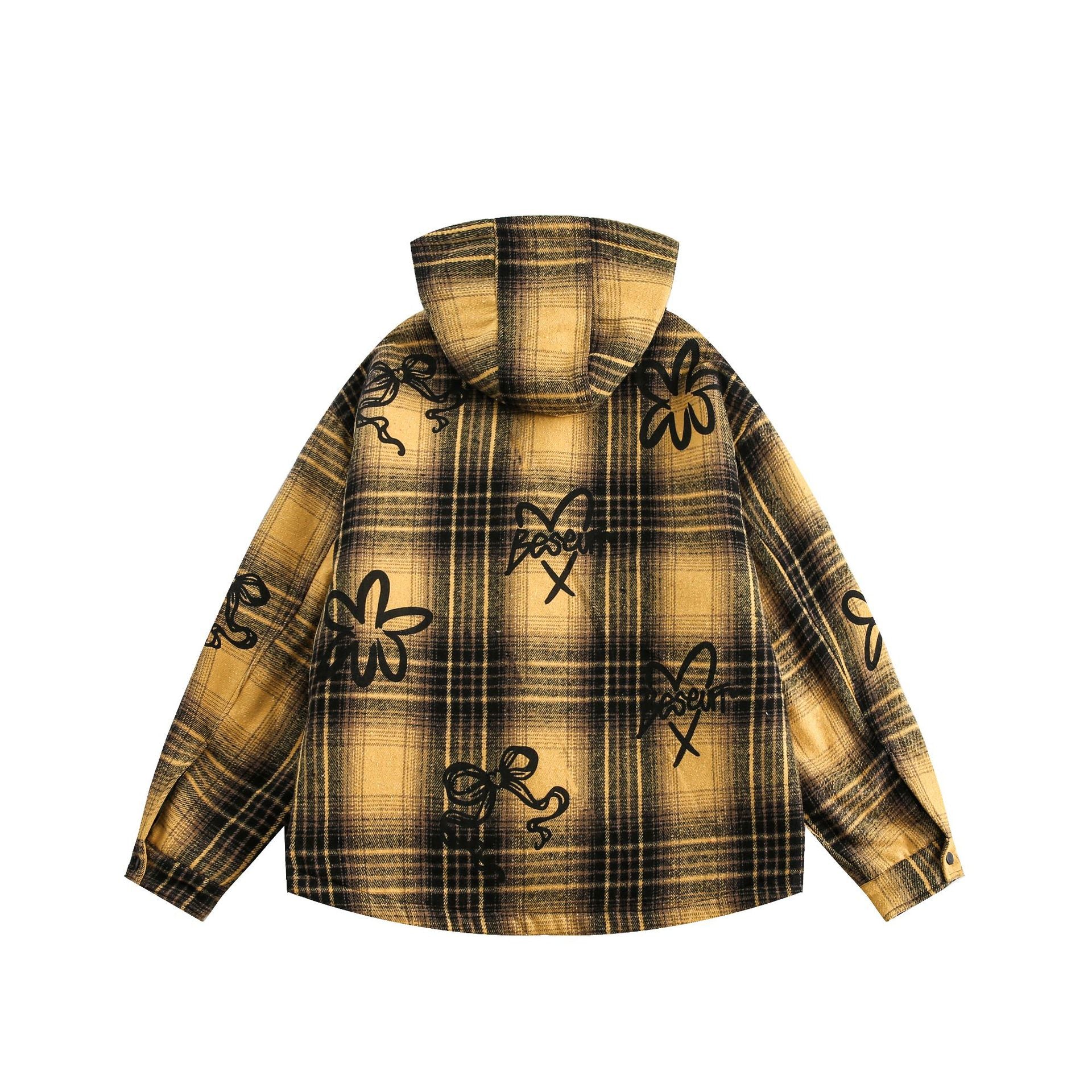 TODAMU® Women's American retro loose graffiti plaid hooded cotton jacket