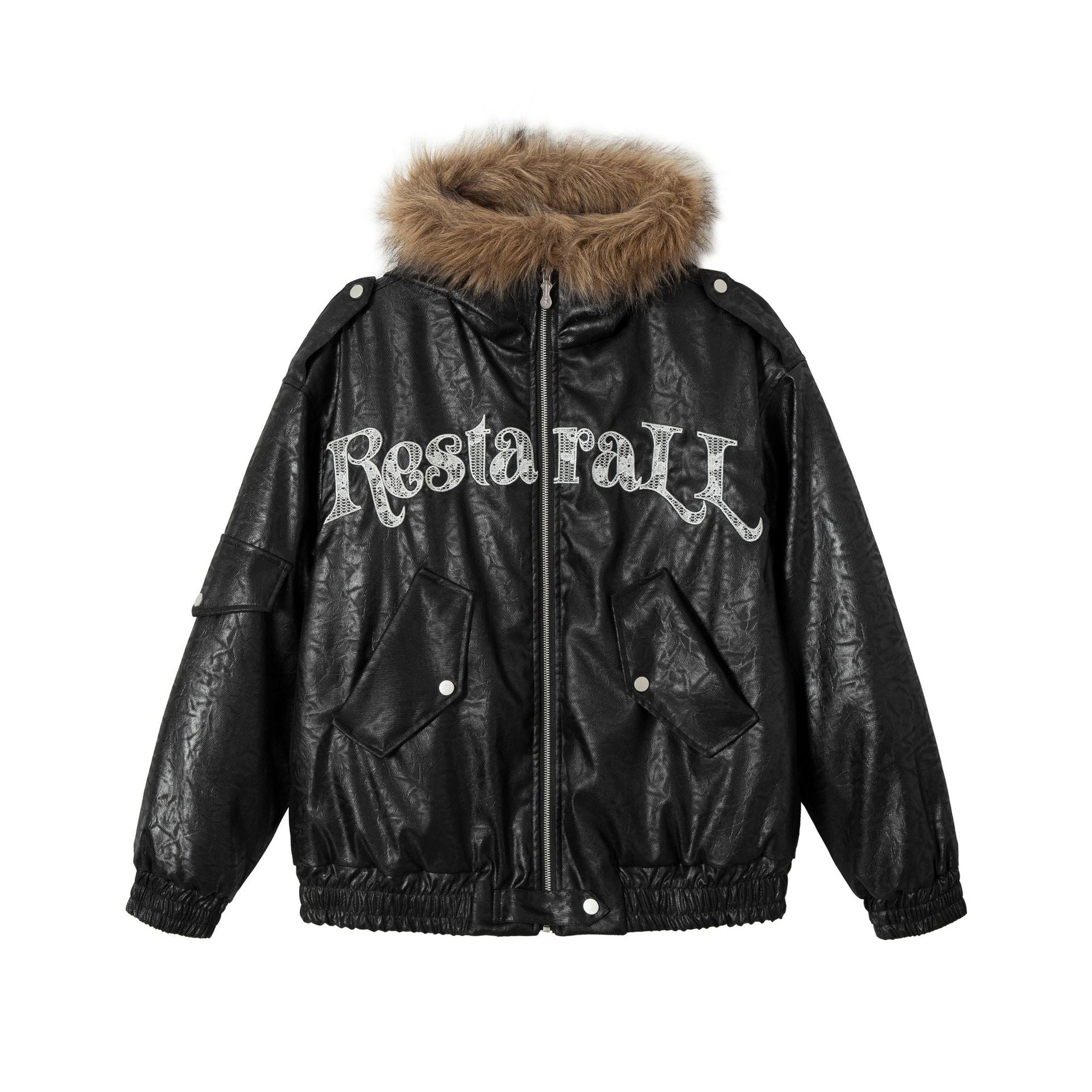 TODAMU® Women's American retro loose leather embroidered fur collar cotton jacket