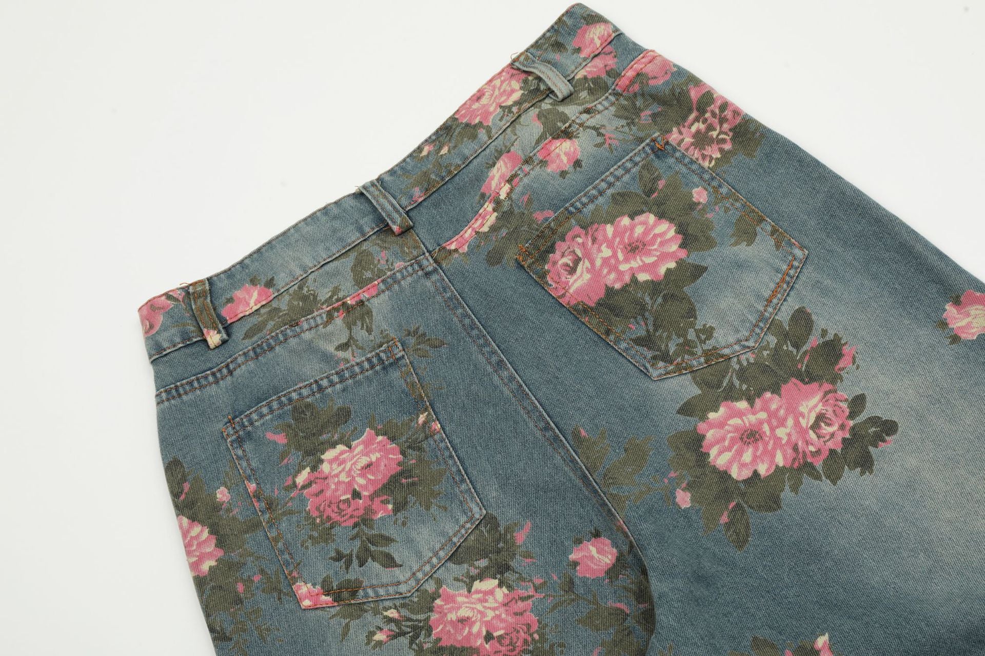 TODAMU® American Retro Hot Girl Flower Print Washed Denim Trousers