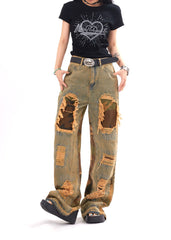 TODAMU® new products American retro street fashion ripped washed denim trousers