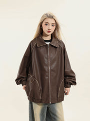 TODAMU® Autumn Women's New Loose American Retro Distressed Leather Jacket