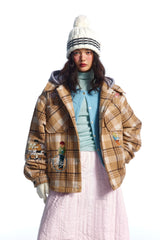 TODAMU® Women's American retro loose embroidered plaid hooded cotton jacket