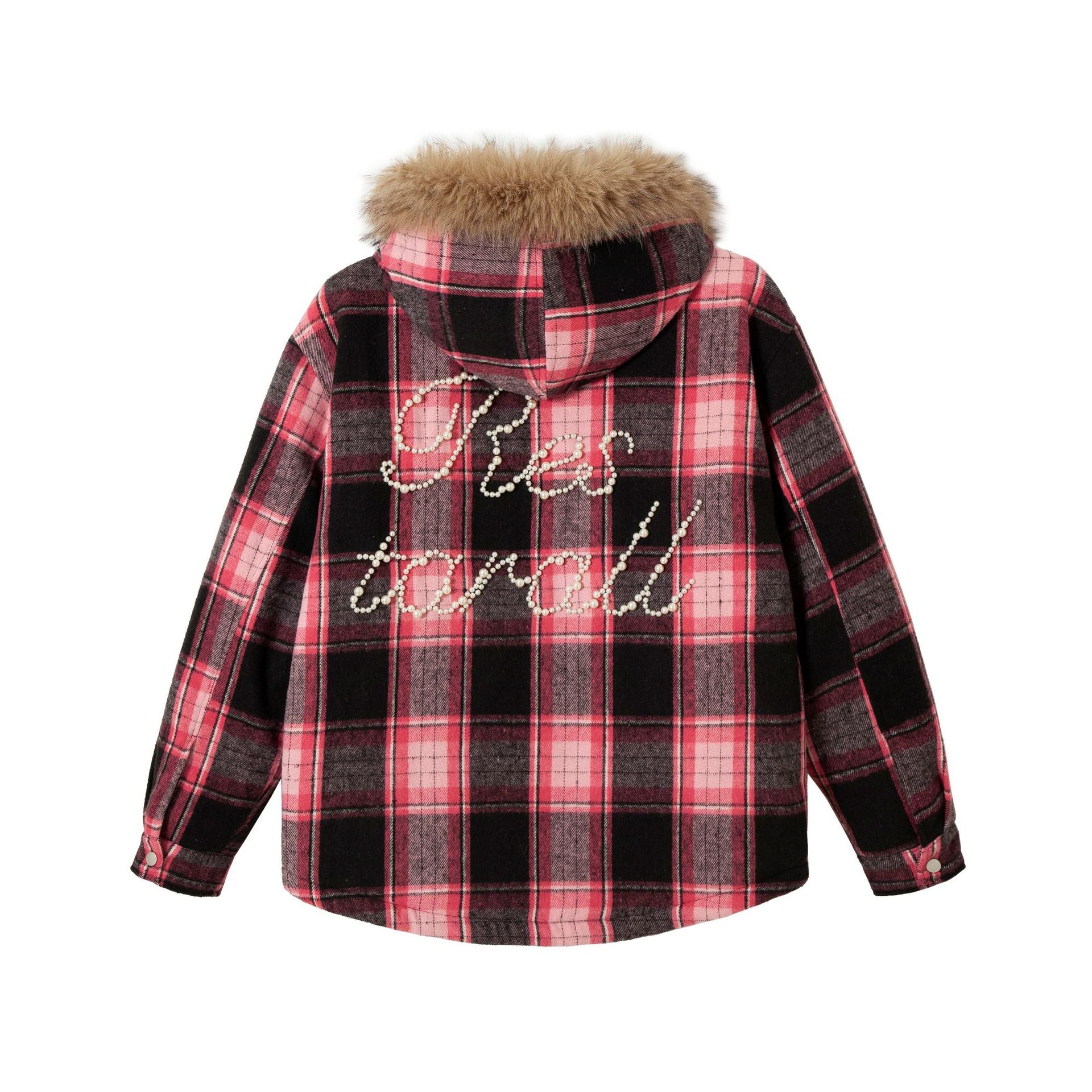 TODAMU® Women's American retro loose plaid hooded fur collar cotton coat