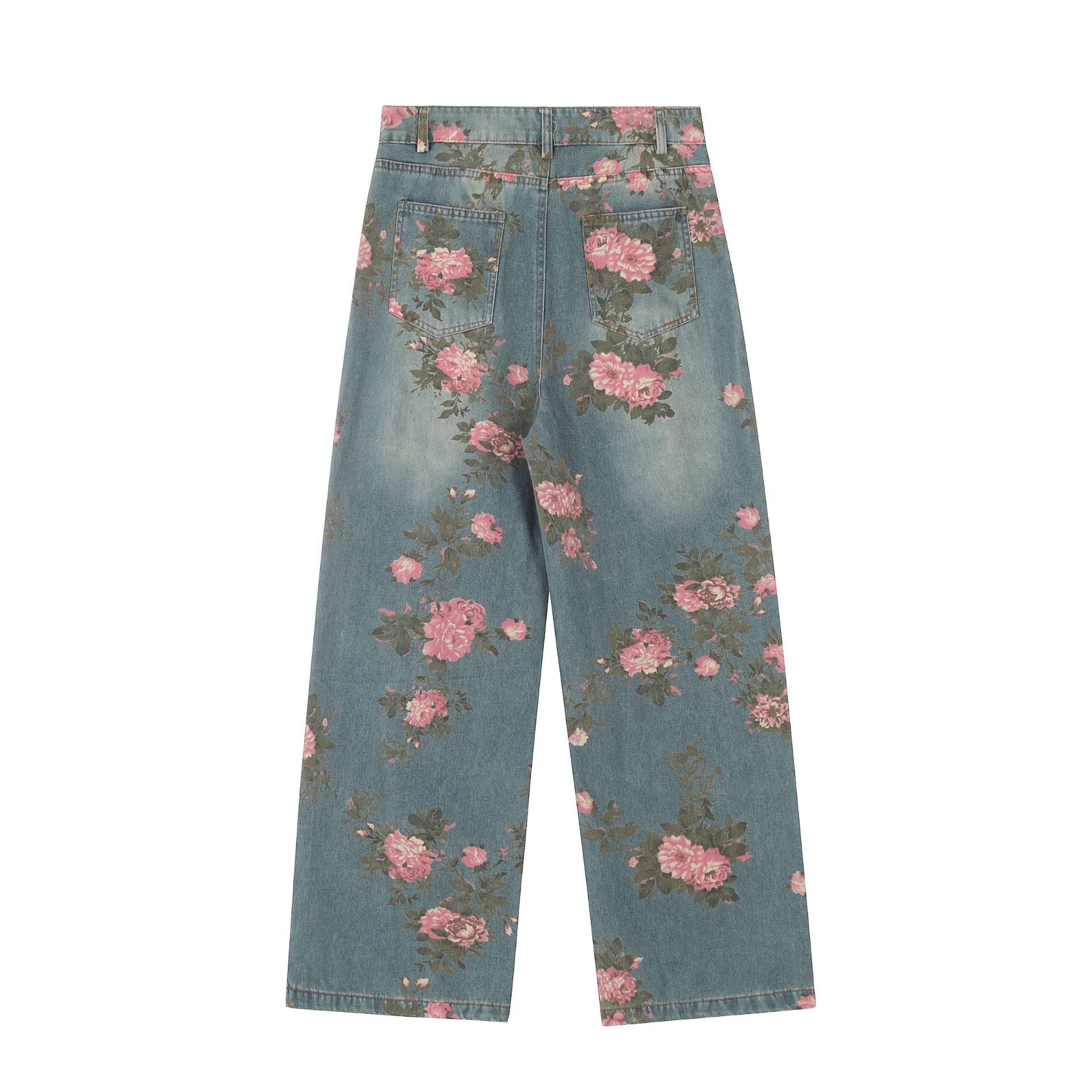 TODAMU® American Retro Hot Girl Flower Print Washed Denim Trousers