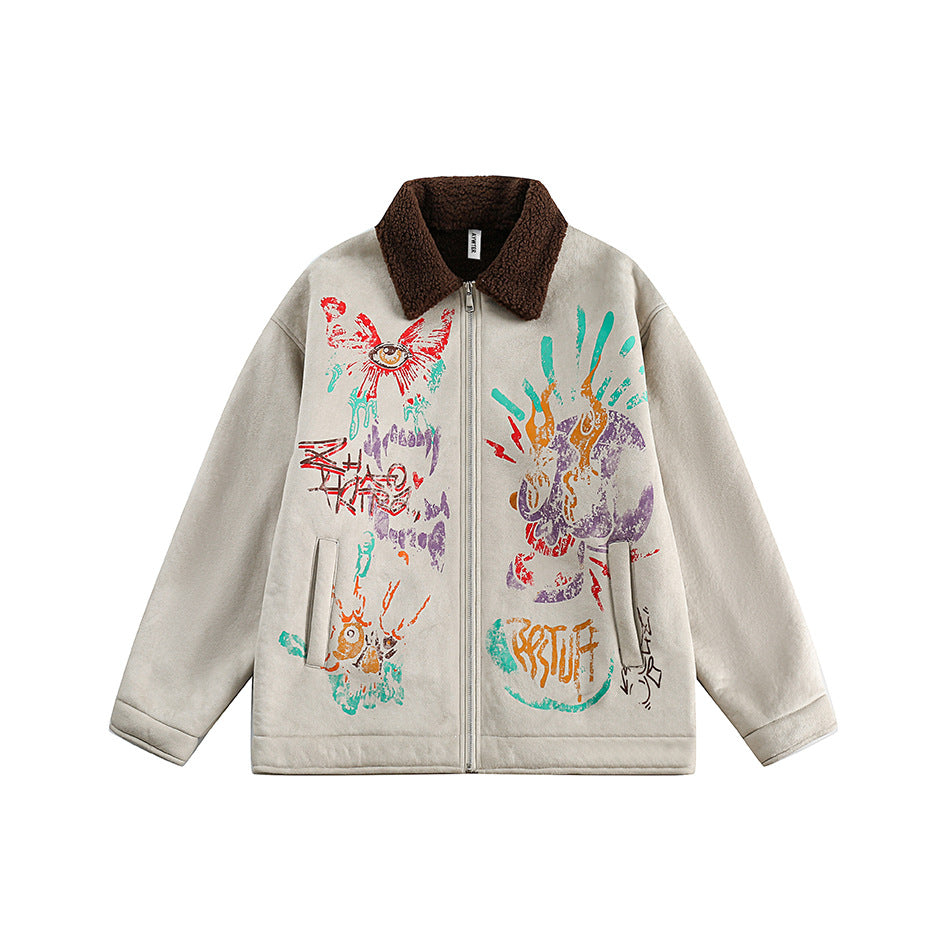 TODAMU® Women's American retro loose graffiti print lamb wool cotton jacket