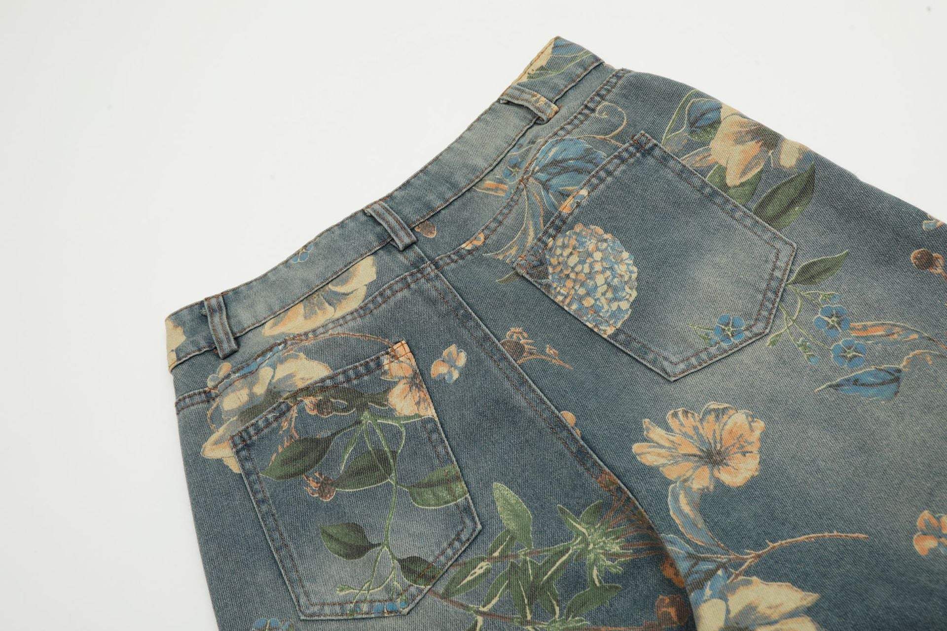 TODAMU® American Retro Hot Girl Washed Distressed Floral Denim Pants