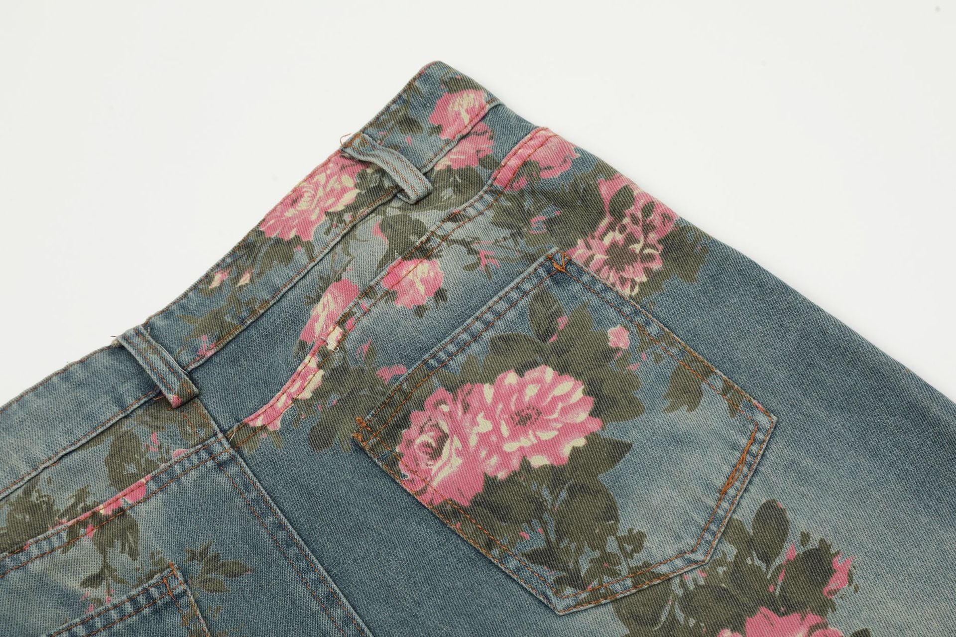 TODAMU® American Retro Hot Girl Flower Print Washed Denim Trousers