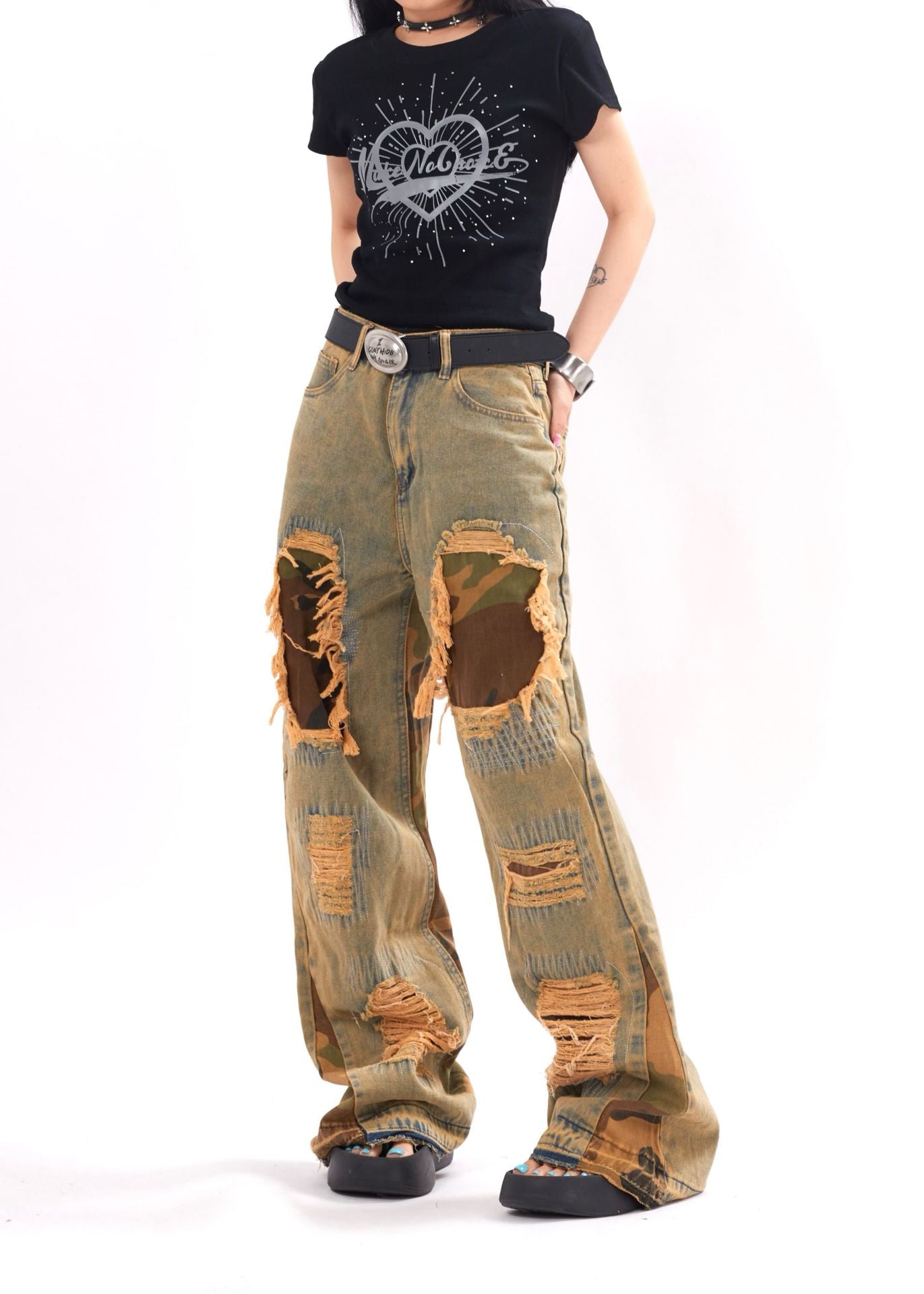 TODAMU® new products American retro street fashion ripped washed denim trousers