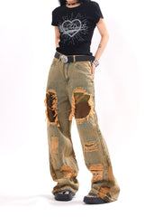 TODAMU® new products American retro street fashion ripped washed denim trousers