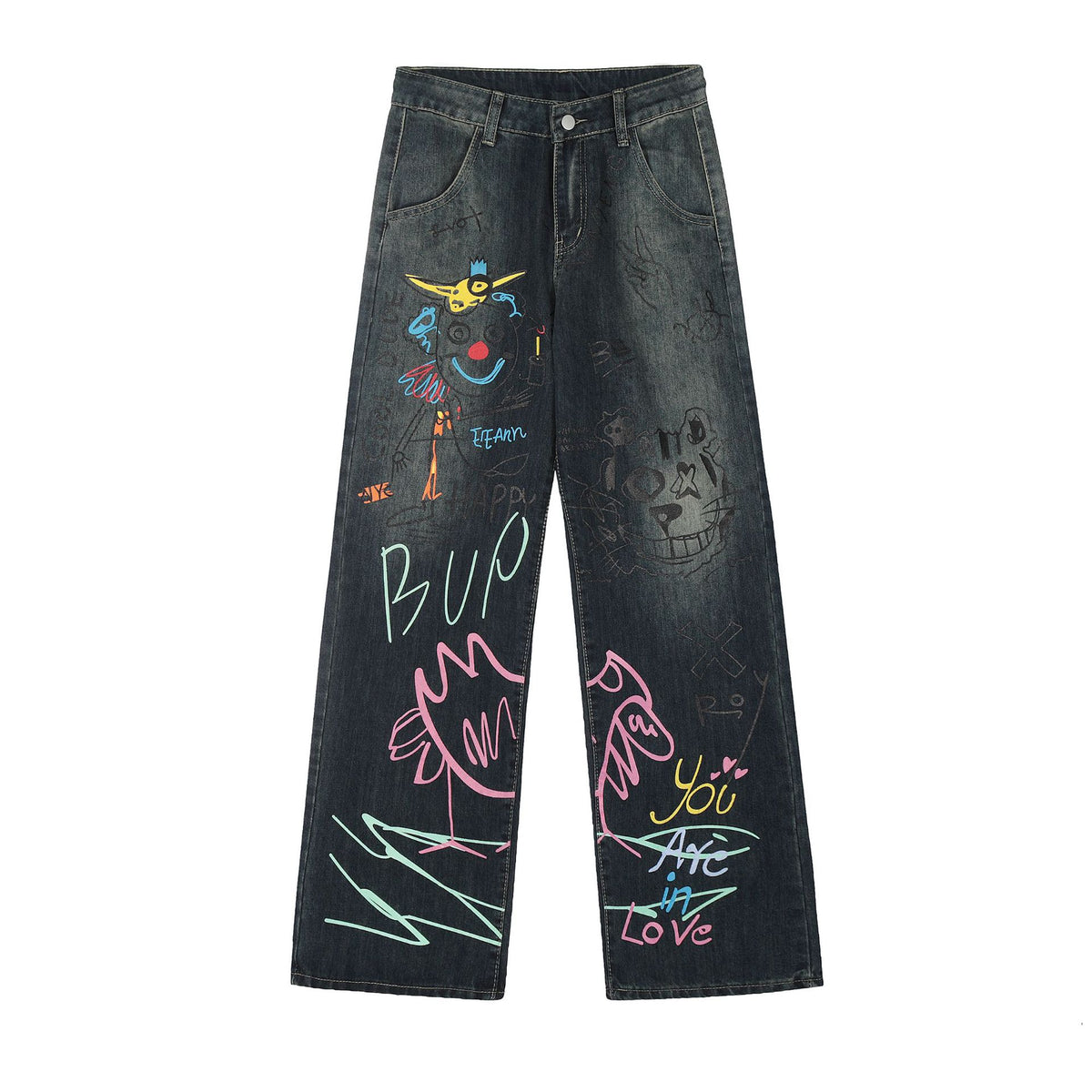 TODAMU® women's American retro graffiti design washed denim trousers