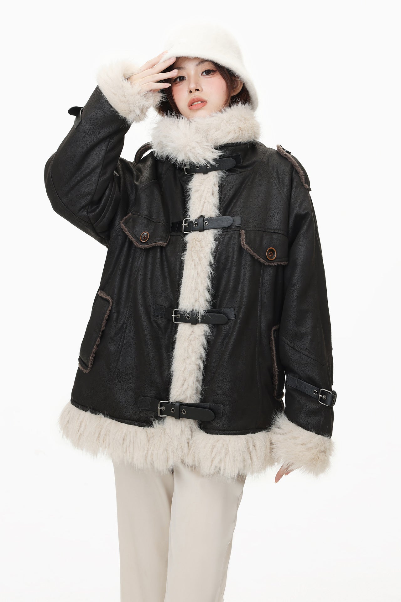 TODAMU® new winter new American retro loose plush splicing cotton jacket