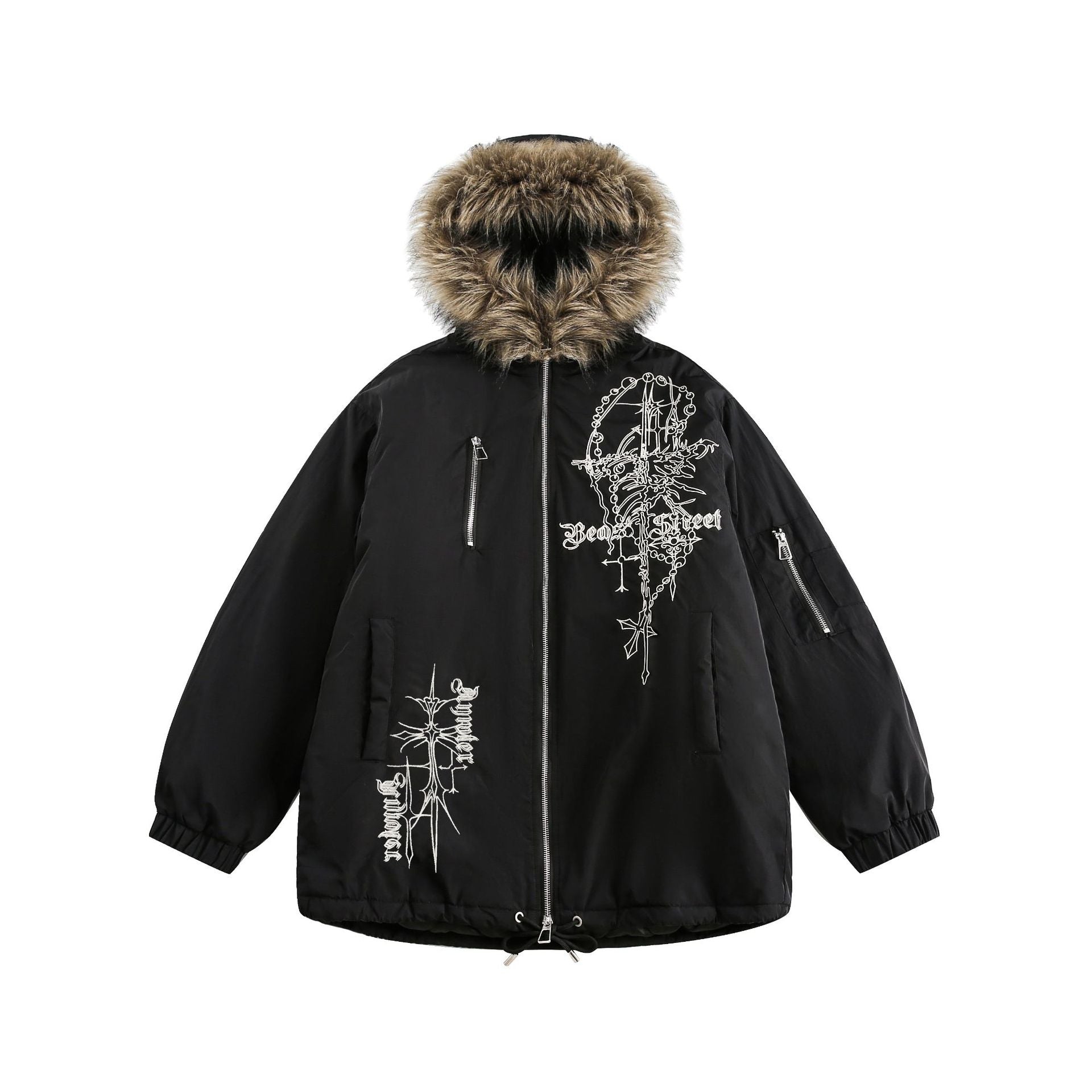 TODAMU® Women's American retro loose embroidered hooded fur collar cotton jacket