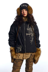 TODAMU® Women's American retro loose embroidered hooded fur collar cotton jacket