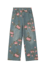 TODAMU® American Retro Hot Girl Flower Print Washed Denim Trousers