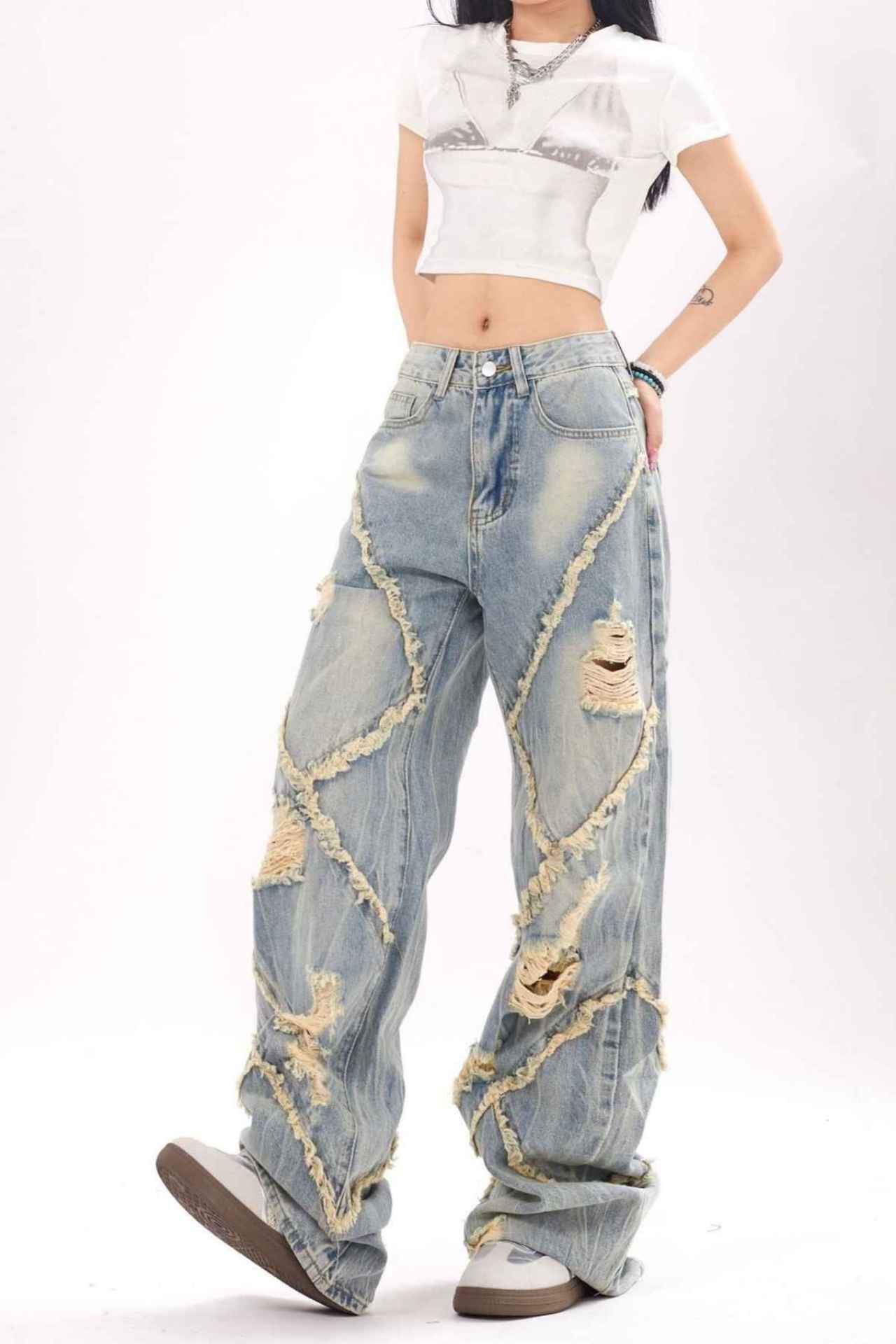 TODAMU® American Retro Street Trend Ripped Washed Denim Trousers