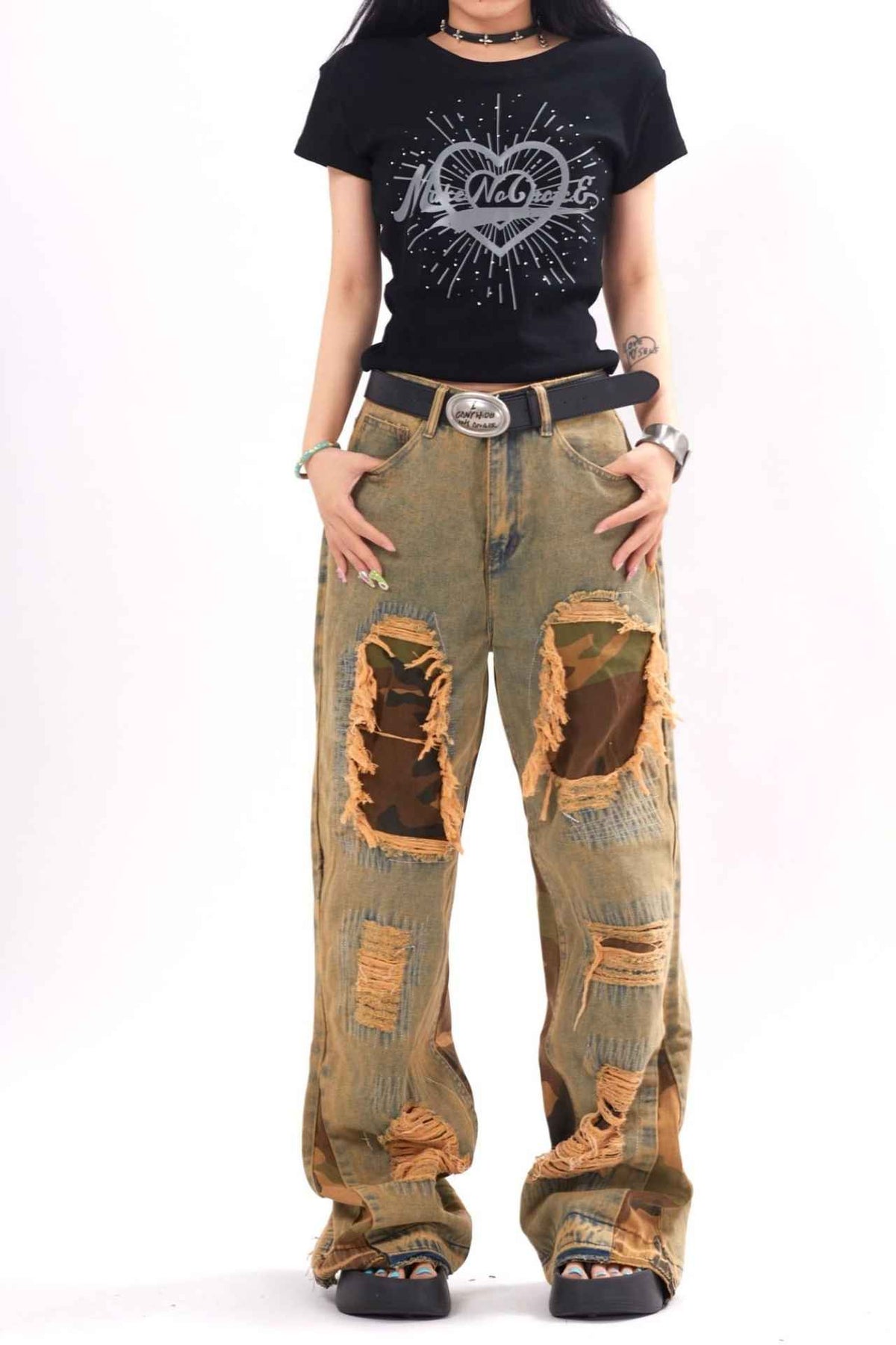 TODAMU® new products American retro street fashion ripped washed denim trousers